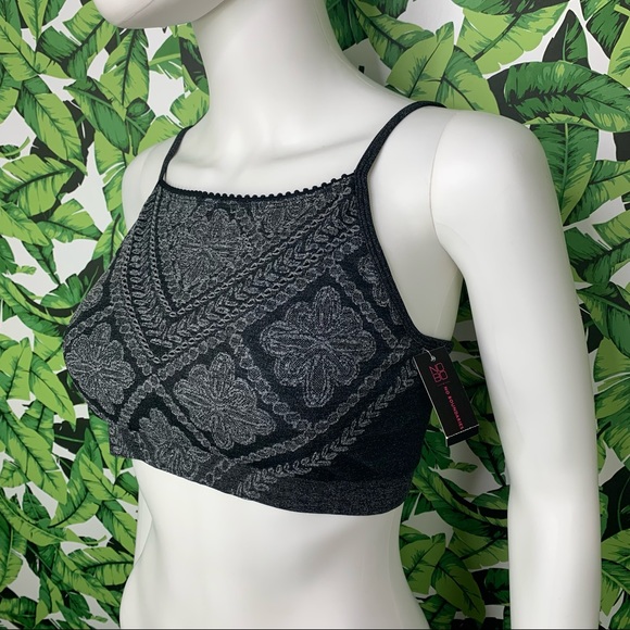 NWT! No Boundaries Women's Bra Size L Seamless Black Floral High Neck Bralette - Picture 3 of 9